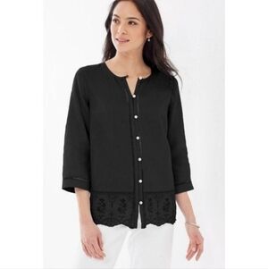 J. JILL Love Linen Eyelet Trim Button Front Blouse Lagenlook Women's Small Black